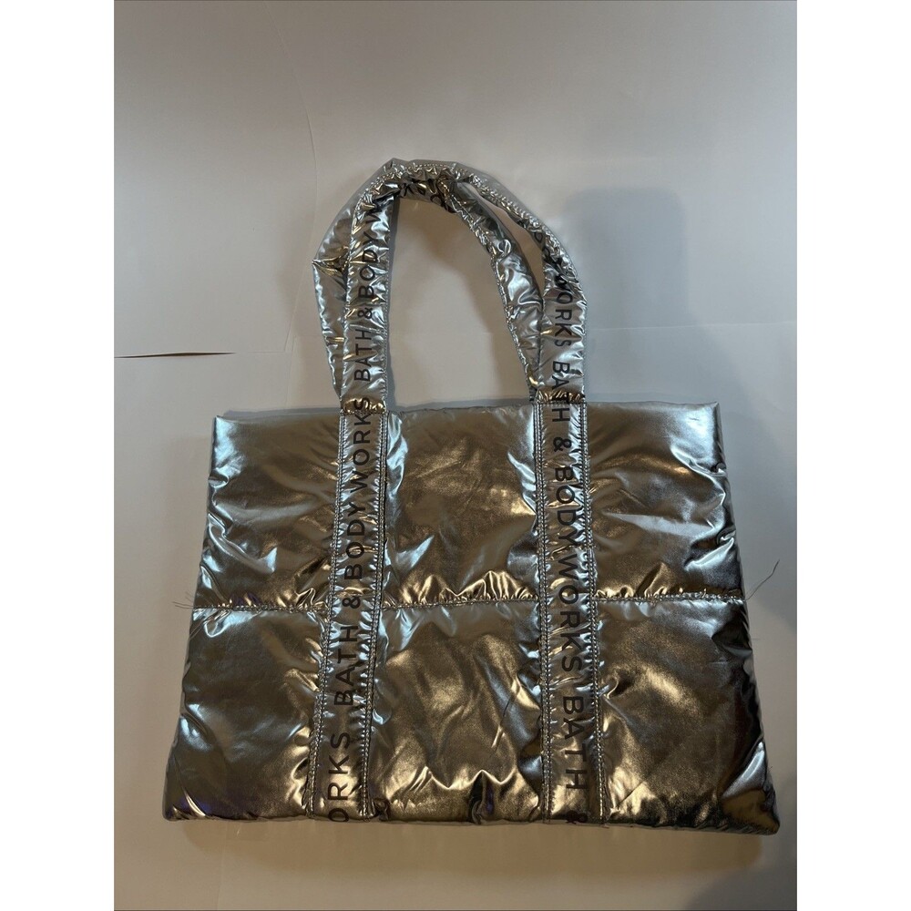 BATH & and BODY WORKS Puffy Puffer SILVER SHINY Tote Bag Carry NWT 2024